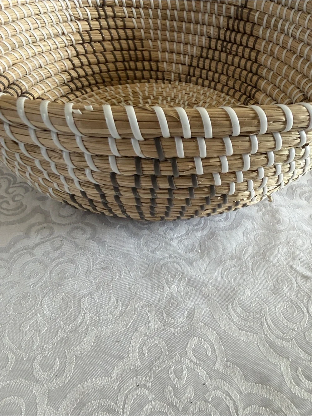 Natural Woven Basket Bowl - Tan, white & gray